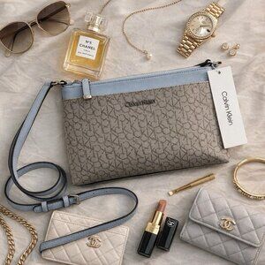 NWT CALVIN KLEIN Monogram CK Taupe Blue Crossbody Hand-Bag Silver Logo H7AEJ2TT